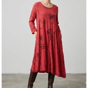 Chalet et Ceci Asymmetrical Midi Dress Red Abstract Lagenlook XL Art2wear